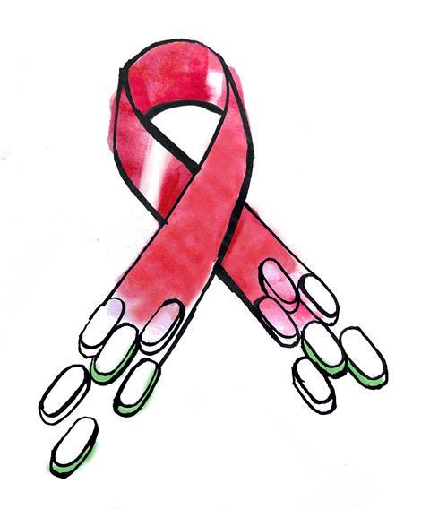 An illustration showing a red Aids awareness ribbon changing into antiviral tablets