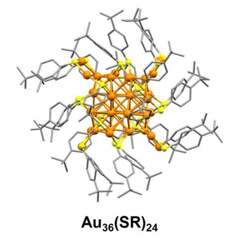 Molecular structure of a gold cluster with gold atoms represented by orange spheres in a core structure, surrounded by ligands denoted as SR