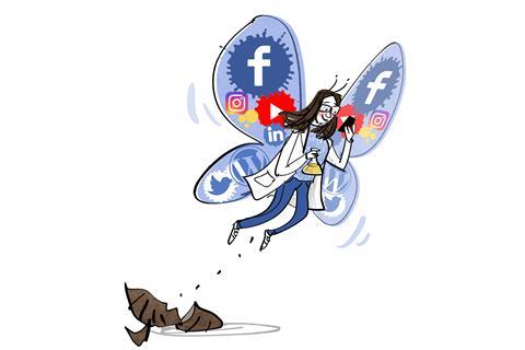 An image showing a woman in a lab coat with butterfly wings that have the logos of social platforms printed on them