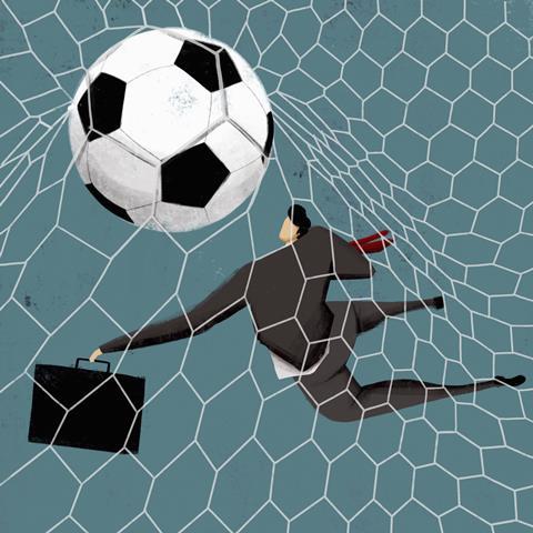 An illustration showing a businessman goalkeeper