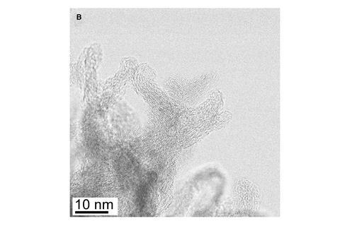 Aberration-corrected scanning transmission electron microscopy (STEM) image of CNSs. (B) O-etched CNS retains the layered graphene structure but exhibits a much larger radius at the tip, thereby lowering the local electric field present at the tips.