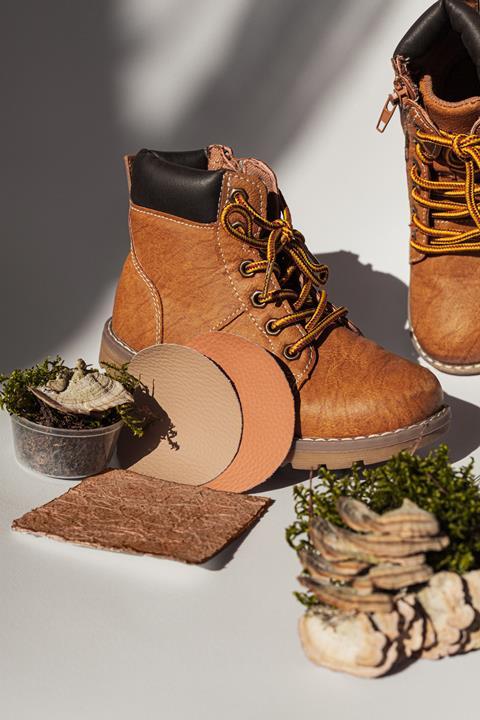 Vegan leather shoes from mushroom mycelium and samples of vegan bio leather