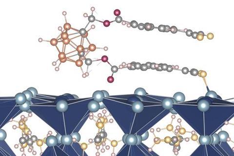 Illustration shows a carborane-based molecule on a PbI2-terminated FAPbI3 perovskite surface