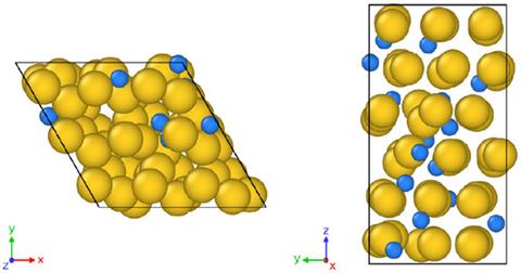 Snapshot from the molecular dynamics simulations for Au54H15 with Au atoms in gold and H atoms in blue.