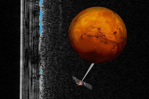 Artistic impression of the Mars Express spacecraft probing the southern hemisphere of Mars
