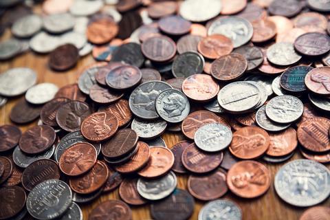 US coins: quarters, pennies and nickels.