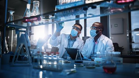 Researchers collaborating in a lab, observing petri dish