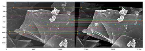 Annotated microscopy images of the heterogenous catalyst, highlighting features that the machine learning algorithm identified to help align pre- and post-reaction images