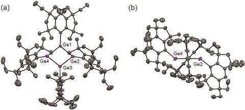 Molecular structures of Ge4(EMind)4: (a) top view and (b) front view. All hydrogen atoms, disordered carbon atoms, and a hexane molecule are omitted for clarity.