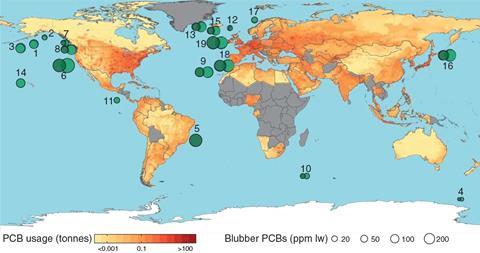 Global overview of PCB concentrations in killer whale blubber (ppm, parts per million)