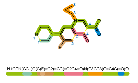 A Smiles code for a molecule, colour coded for the different areas each part describes