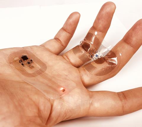 Pair of ‘epidermal’ electronic devices that support wireless, vital signs measurements in the NICU