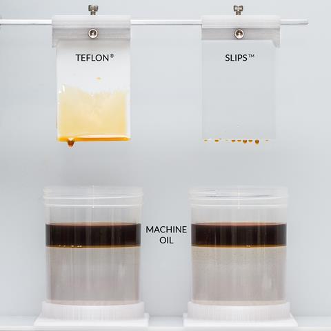 An image showing a demonstration of the SLIPS coating with machine oil