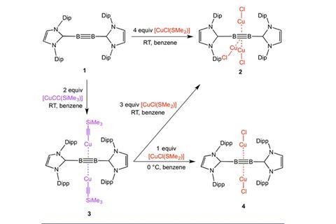 First pi complexes of boron-boron triple bond compounds with phosphoresence