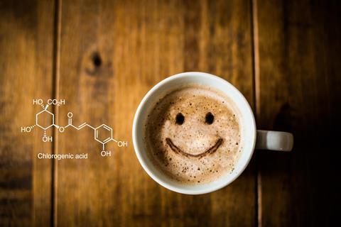 0318CW - Microbiome Feature - Happy cup of coffee & chlorogenic acid structure 