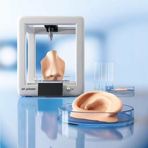An image showing a concept of bioprinting of tissues and organs; 3D illustration showing a human ear and nose ready for transplantation to the patient
