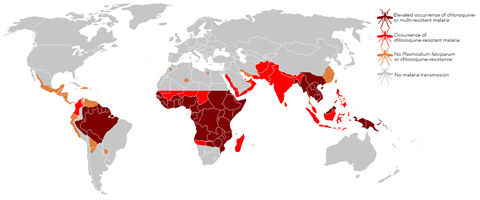 A world map showing malaria prevalence and drug resistance