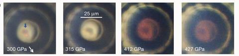 Photographs of the hydrogen sample taken at different stages of compression