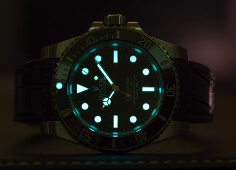 Rolex submariner, dial glowing in the dark