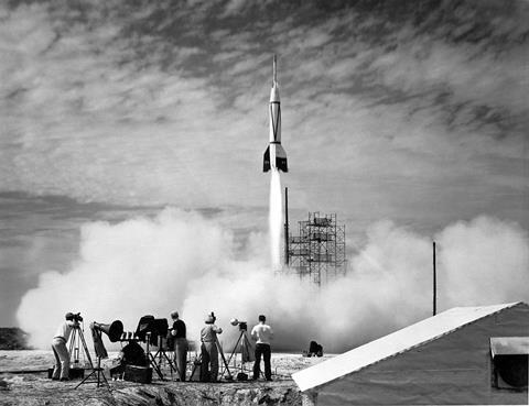 Test launch of Bumper 8: a two-stage rocket that topped a V-2 missile base with a WAC Corporal rocket