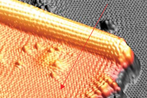 An image showing a 3D STM topography of a typical folded GNS