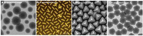Four AI-generated images with grainy textures showing realistic microscopic structures