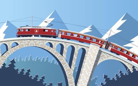 Swiss train on the bridge through the Alps