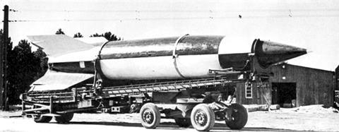 V-2 rocket on Meillerwagen at Operation Backfire near Cuxhaven in 1945