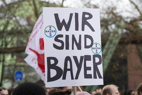 Bayer employees protesting over job cuts in Wuppertal, Germany