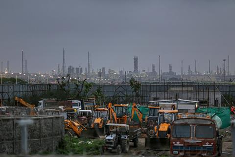 Construction equipment outside a chemicals complex in India