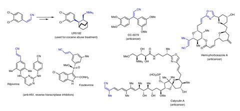 An image showing biologically active compounds with an alkenyl nitrile or a related moiety