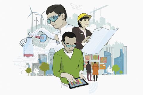 An image showing a chemist, a civil engineer and a data scientist contributing to a better society