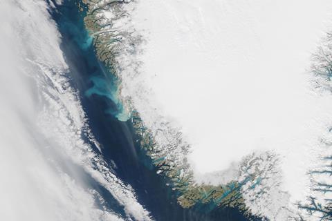 Satellite image showing sedimentary plumes seen off the coast Greenland