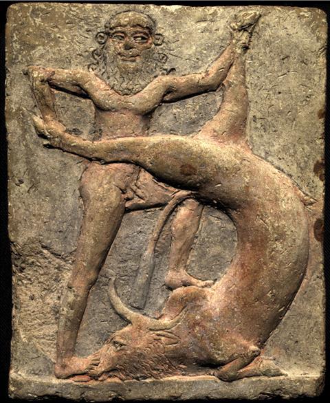 Representation of Gilgamesh, the king-hero from the city of Uruk, battling the 'bull of heavens'; terracotta relief kept at the Royal Museums of Art and History, Brussels