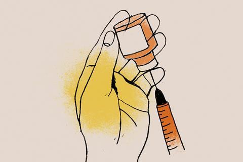 An illustration showing a hand preparing a vaccine 