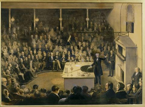 Faraday lecturing at the Royal Institution, 27th December, 1855