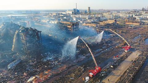 Firefighter trucks during the Yancheng explosion