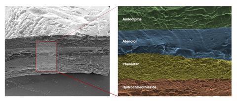 An image showing a SEM image of cross section of the Type 2 polyprintlet loaded with (from top to bottom) amlodipine, atenolol, irbesartan and hydrochlorothiazide