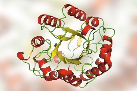 An image showing the ribbon representation of LFCA_EG rotated 90°