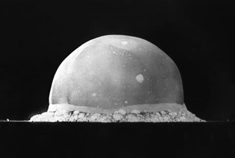 Trinity Site explosion, 0.016 second after explosion, July 16, 1945. The viewed hemisphere's highest point in this image is about 200 meters high.