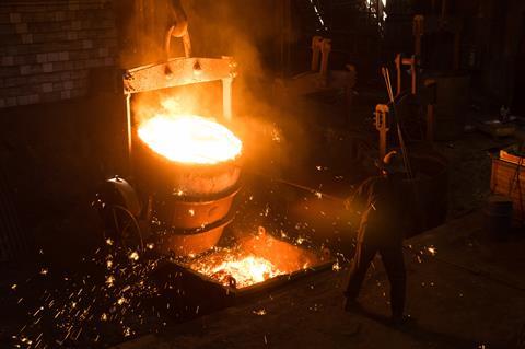 Hot molten steel in a foundry