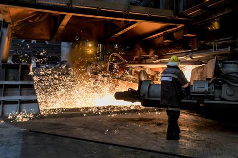 Hot molten steel in a foundry