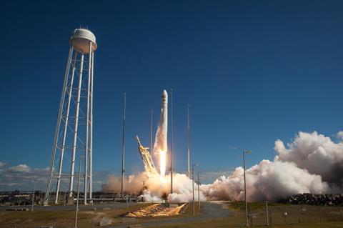 Antares rocket, with the Cygnus cargo spacecraft aboard, is seen as it launches