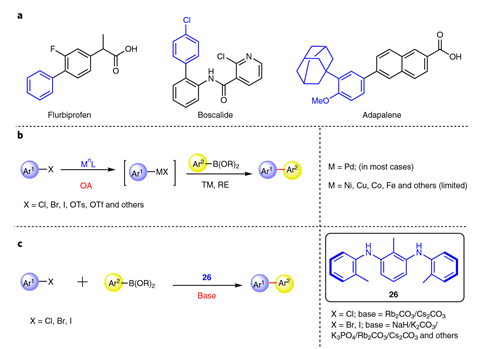 An image showing important drugs with biphenyl substituents and synthetic strategies