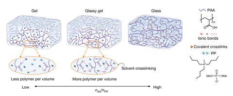 A diagram showing the structure of a gel with less polymer per volume, glassy gel with solvent crosslinking and glass
