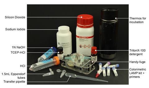 An image showing reagents and tools needed to conduct an electricity-free diagnostics tes