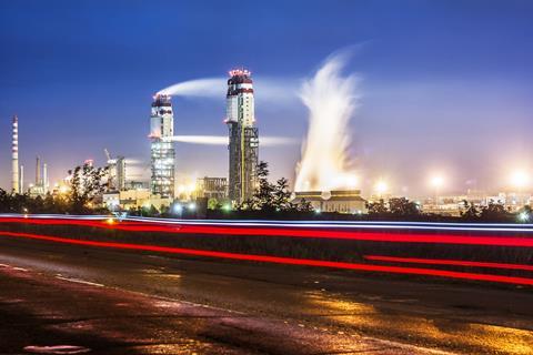 Night view of an ammonia production plant