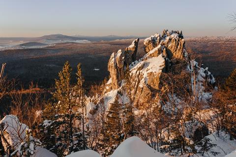 Rock city stone Butte in the winter the Ural mountains at sunrise