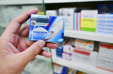 Viagra packaging in a drugstore in Bangkok, Thailand. Viagra was originally developed by Pfizer as an erectile dysfunction drug.