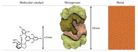 A molecular structure of a small molecule molybdenum catalyst (5nm in size); the nitrogenase enzymes (10nm in size) and a micrograph of a solid metal surface